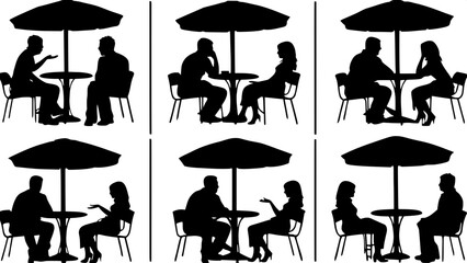 A grid of eight silhouette scenes depicting couples at outdoor café tables. Each couple's posture suggests conversation, argument, or distance. The silhouettes include umbrellas and cafe furniture, bu