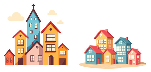 Colorful cartoon houses with various designs on white background  
