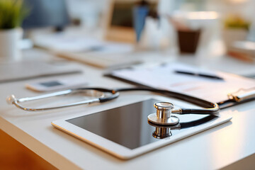 Medical tools and devices on a modern desk in a healthcare office