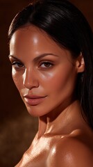 An elegant portrait of a woman with striking features, her eyes reflecting an intense gaze. Her beauty emanates from every contour.