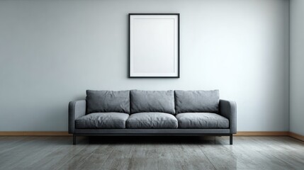 Empty room with gray sofa and framed artwork