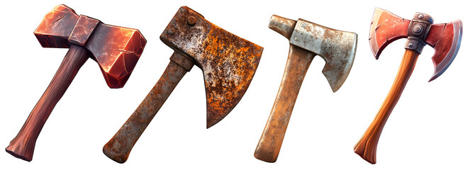 Set of vintage rusty and clean woodcutter axes , isolated on transparent background