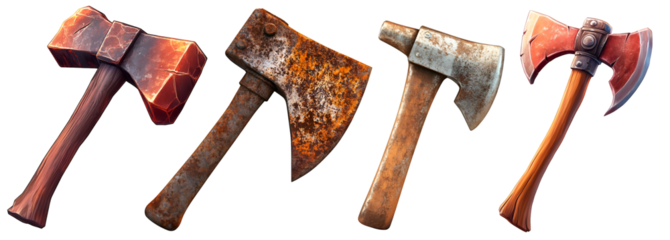 Set of vintage rusty and clean woodcutter axes , isolated on transparent background