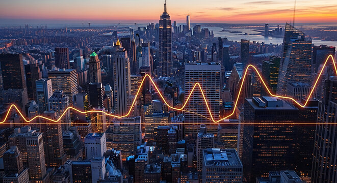 Aerial cityscape view at sunset, showcasing illuminated buildings with an overlaid glowing line graph, symbolizing urban growth and economic trends