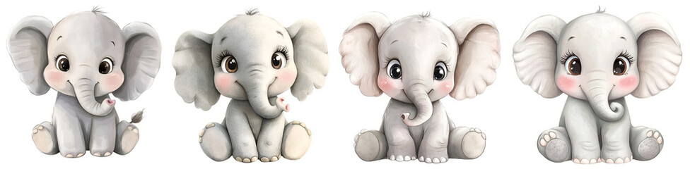 et of cute cartoon baby elephants sitting in different poses isolated on white background