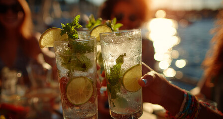 Happy friends toasting with mojito drinks at a summer party, close-up on glasses of lemonade and mint in hand	
