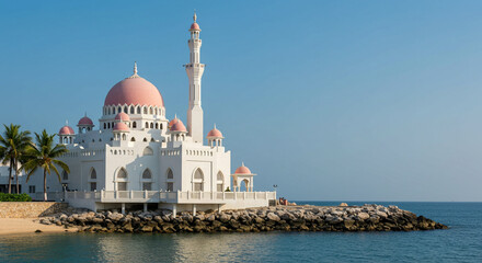 Elegant Waterfront Mosque with Pink Domes and Minaret on Rocky Coast