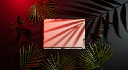 Fototapeta premium Green palm leaves and shadows frame a textured square against a dark backdrop illuminated by red light casting shadows. Nature and abstract concept.