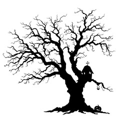 eerie haunted tree silhouette with house and pumpkin