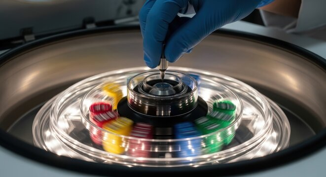 High-speed centrifuge with multicolored test tubes in a laboratory setting