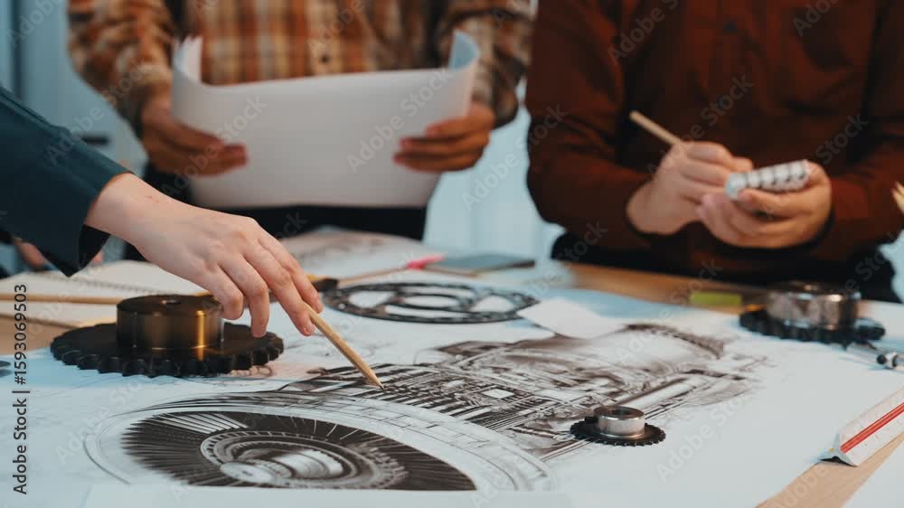 Poster a dynamic scene showcasing a collaborative design process, with hands gesturing over sketches on a t