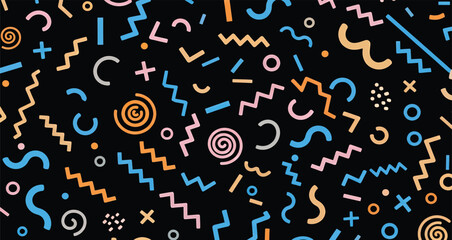 Retro Geometric Pattern on Black Background with Pastel Zigzags, Spirals, and Abstract Shapes — Playful 80s-Inspired Vector for Design Assets, Digital Backgrounds, and Creative Branding Concepts