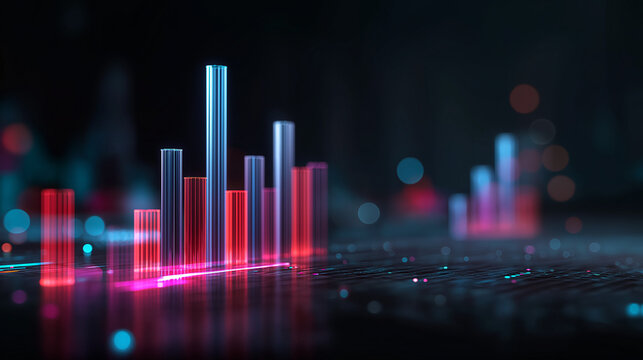 Leuchtendes 3D-Balkendiagramm auf dunklem Hintergrund in futuristischer Datenvisualisierung. K&uuml;nstliche Intelligenz KI
