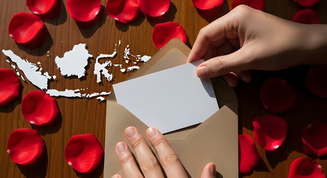 Close up shot of hands placing blank card into an envelope on a wooden surface surrounded by scattered red rose petals with a white cutout map - Powered by Adobe