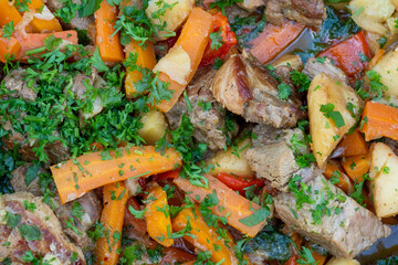 Close-Up of Rustic Meat and Vegetable Stew – Potatoes, Carrots, Herbs and Tender Meat Cooked Outdoors, Ideal for Recipe Blogs, Country Food and Cooking Content