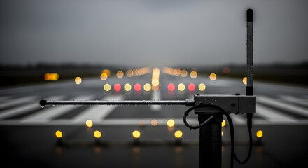 Airport weather station measures meteorological conditions on runway with blurred lights during rainy day