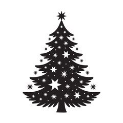 Obraz premium A black silhouette of a christmas tree adorned with stars, isolated on white background, perfect for adding a festive touch to holiday designs