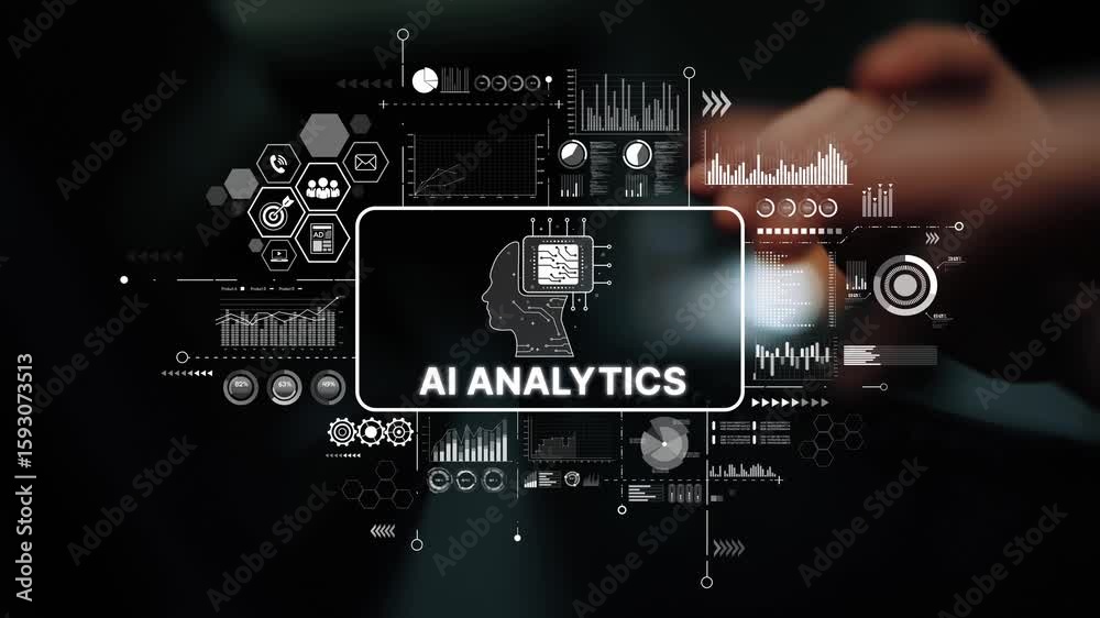 Poster futuristic ai analytics concept with digital graphs and data visualization elements. asymptotic smar