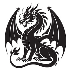 Fototapeta premium A majestic black dragon with large wings sits proudly, isolated on white background, embodying power and ancient mythology