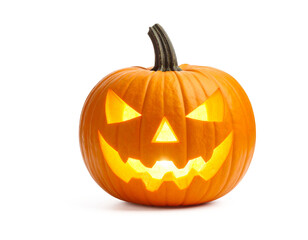 Playful yet haunting jack-o’-lantern with bright yellow light, perfect for children’s Halloween projects, themed cards, and festive product presentations.
