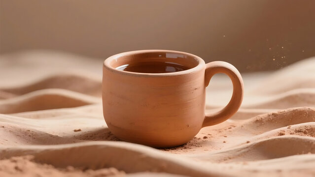 Terracotta Cup Filled With Liquid Resting On Textured Sand Dunes Under Soft Natural Light