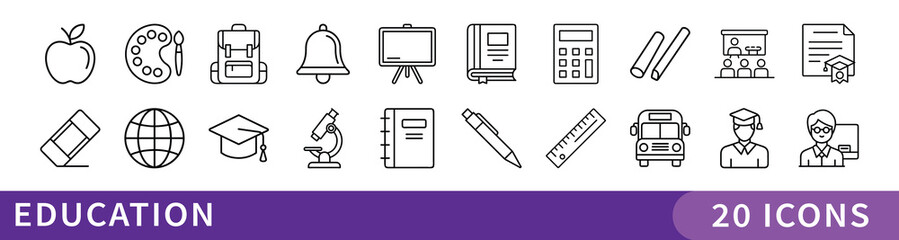 Education and Learning Minimalist Icon Set, A smart collection of 20 minimalist icons representing school supplies, learning tools, and academic symbols&mdash;ideal for education, e-learning, and teaching p