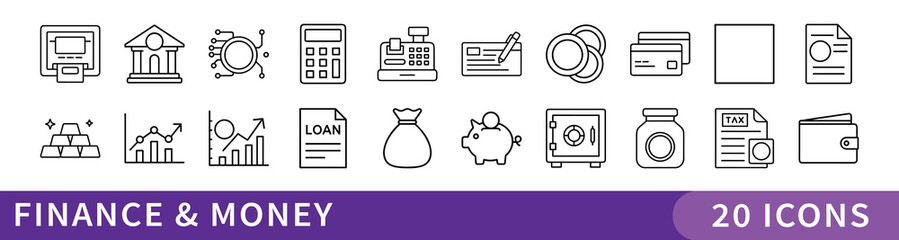 Finance and Money Minimalist Icon Set, A professional collection of 20 minimalist icons featuring financial tools, banking symbols, and money-related elements&mdash;ideal for business, fintech, or accountin