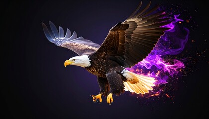 A fierce bald eagle in side profile, soaring at full speed, crafted from vibrant purple flames with dynamic motion blur and glowing purple fire particles against a stark black background