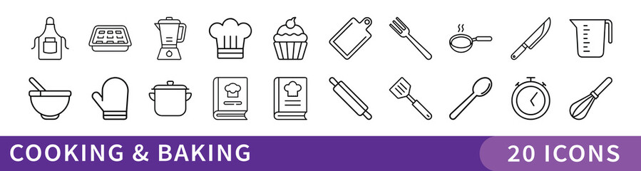 Cooking and Baking Minimalist Icon Set, A charming collection of 20 minimalist icons featuring kitchen tools, utensils, and baked goods—perfect for culinary, recipe, or food-related projects.
