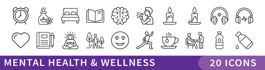 Mental Health and Wellness Icon Collection, A soothing set of 20 minimalist icons representing mindfulness, emotional well-being, and healthy lifestyle habits—ideal for wellness and self-care projects