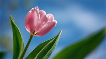 Naklejka premium 花が夏の青空に優美に咲くピンクチューリップ