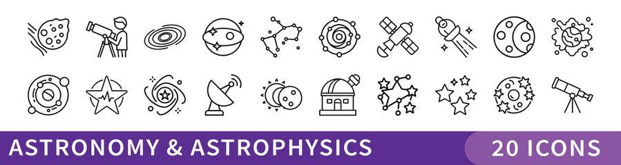 Astronomy and Astrophysics Icon Set Collection, Minimalist set of 20 icons focused on astronomy, space exploration, and astrophysics—ideal for science, education, or cosmic-themed projects.

