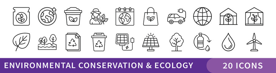 Environmental Conservation and Ecology Icon Set, Minimalist icon pack featuring 20 eco-themed symbols focused on sustainability, recycling, renewable energy, and environmental protection concepts.
