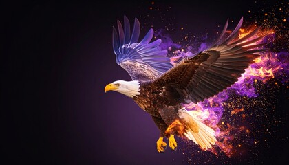A fierce bald eagle in side profile, soaring at full speed, crafted from vibrant purple flames with dynamic motion blur and glowing purple fire particles against a stark black background