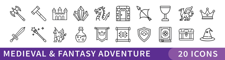 Medieval and Fantasy Adventure Line Icon Set, Set of 20 thin line icons featuring swords, castles, dragons, potions, and magical items—perfect for fantasy games, storytelling, and medieval-themed proj © JASHIM