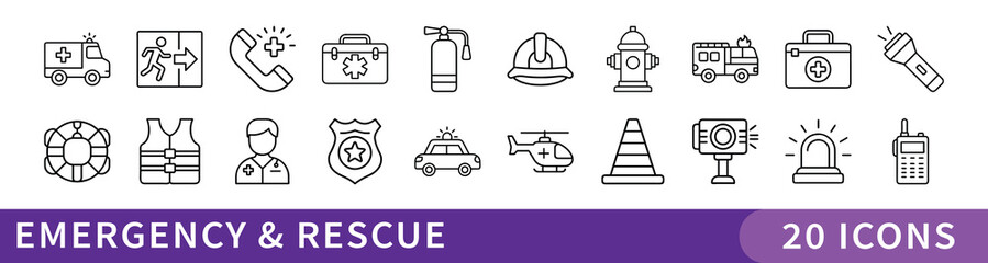 Emergency and Rescue Services Line Icon Set, Set of 20 thin line icons representing emergency response, rescue tools, safety gear, and first aid—ideal for healthcare, disaster relief, and public safet