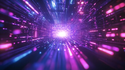 Abstract digital tunnel with glowing neon lights transports the viewer to another dimension, showcasing futuristic technology.