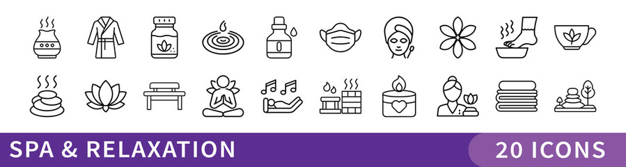 Spa and Relaxation Line Icon Set, Set of 20 thin line icons featuring spa elements, wellness treatments, aromatherapy, and relaxation symbols for beauty, health, and self-care themed projects.
