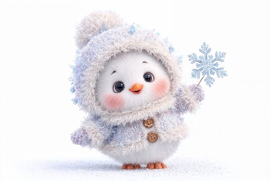 Fluffy snowbird in winter coat holding snowflake