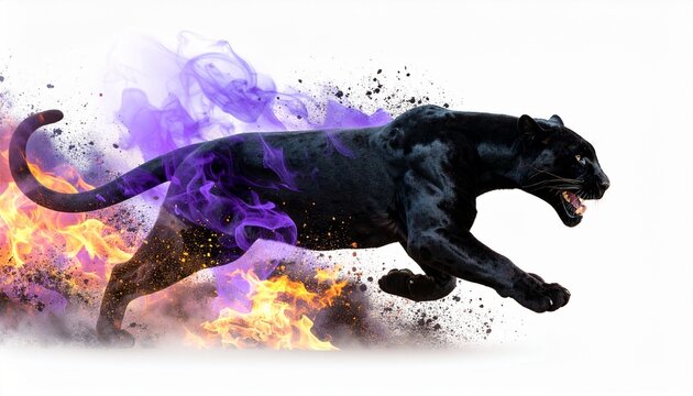 A fierce black panther in side profile, running at full speed made of vibrant purple flames, with motion blur and glowing purple fire particles against a clean, white background, exuding raw power