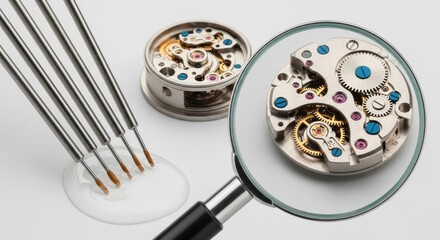 Close-up of watch mechanism with magnifying glass and precision screwdrivers