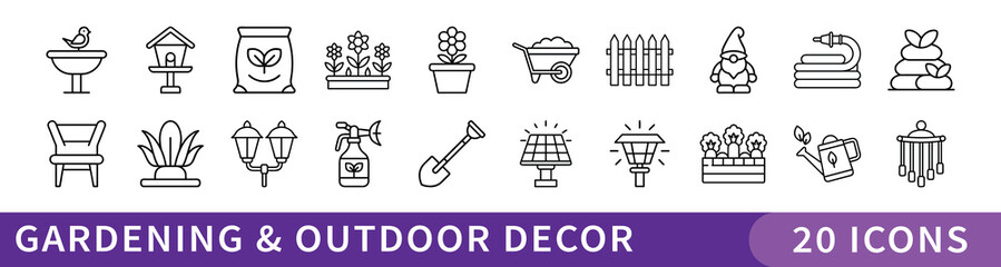 Gardening and Outdoor Decor Line Icon Set, Set of 20 thin line icons showcasing garden tools, potted plants, outdoor furniture, ornaments, and decorative landscaping elements for yard and patio design