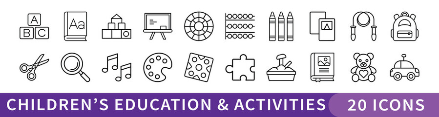 Children&rsquo;s Education and Activity Line Icon Set, Set of 20 thin line icons representing early childhood education tools, creative activities, school supplies, and playful learning elements for kids.
