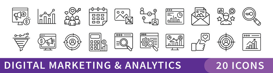 Digital Marketing and Analytics Icon Set, Set of 20 thin line icons illustrating digital marketing concepts, SEO, analytics, content strategy, email campaigns, and social media growth.
