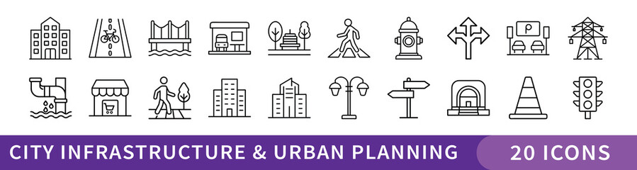 City Infrastructure and Urban Planning Icon Set, Collection of 20 thin line icons illustrating urban planning concepts, city buildings, transportation, utilities, and public infrastructure elements.
