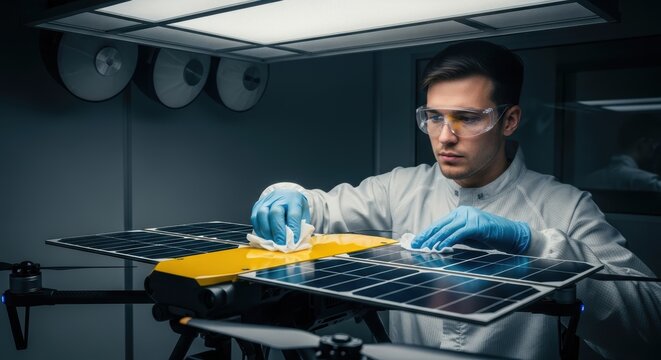 Young caucasian male scientist working on solar-powered drone in laboratory