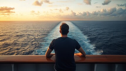 Man sitting alone watching the sea from cruise deck, introspective travel moment generative ai