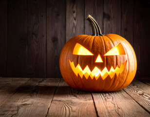 Obraz premium Glowing pumpkin sitting on a wood plank floor in moody lighting, capturing the eerie spirit of October nights. Great for editorial use or seasonal web headers.