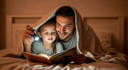 A loving parent reads a story to their child under a blanket, using a flashlight for light, creating a warm and magical moment.