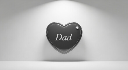 A black heart-shaped object with the word 'Dad' written in white, displayed against a stark white background and bathed in soft, indirect light.